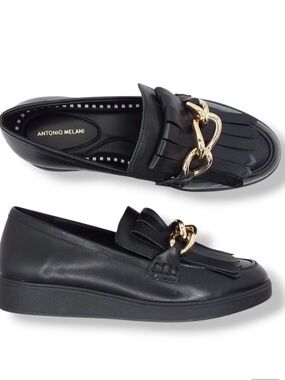 ANTONIO MELANI Black Leather Fringe Loafers with Gold Chain Accent